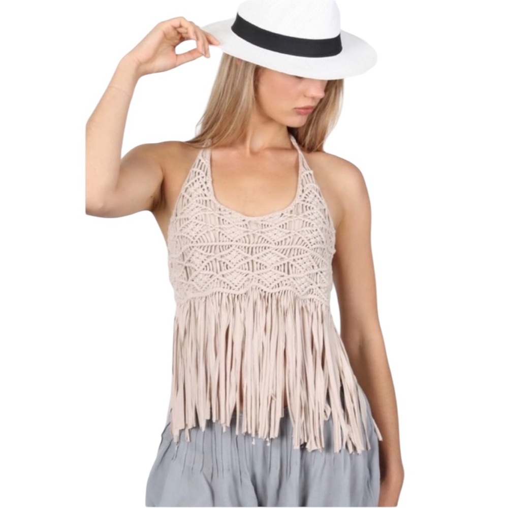 POL Macrame Crochet Fringe Halter Top Beaded Open Back Boho NWT Small